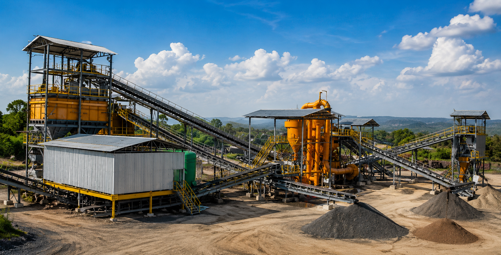 A large industrial quarry or mineral processing facility with yellow and gray machinery, conveyor belts, piles of dark aggregate, and a white storage container under a blue sky with white clouds.